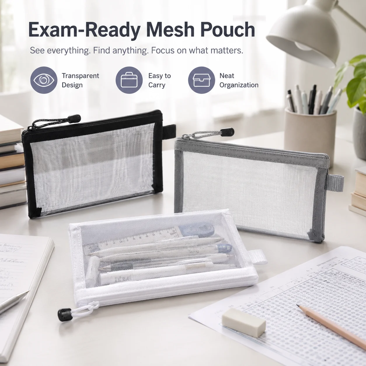 Clear Mesh Pencil Pouch For Exam - Şeffaf Örgü Kalem Kutusu Şeffaf Fermuarlı