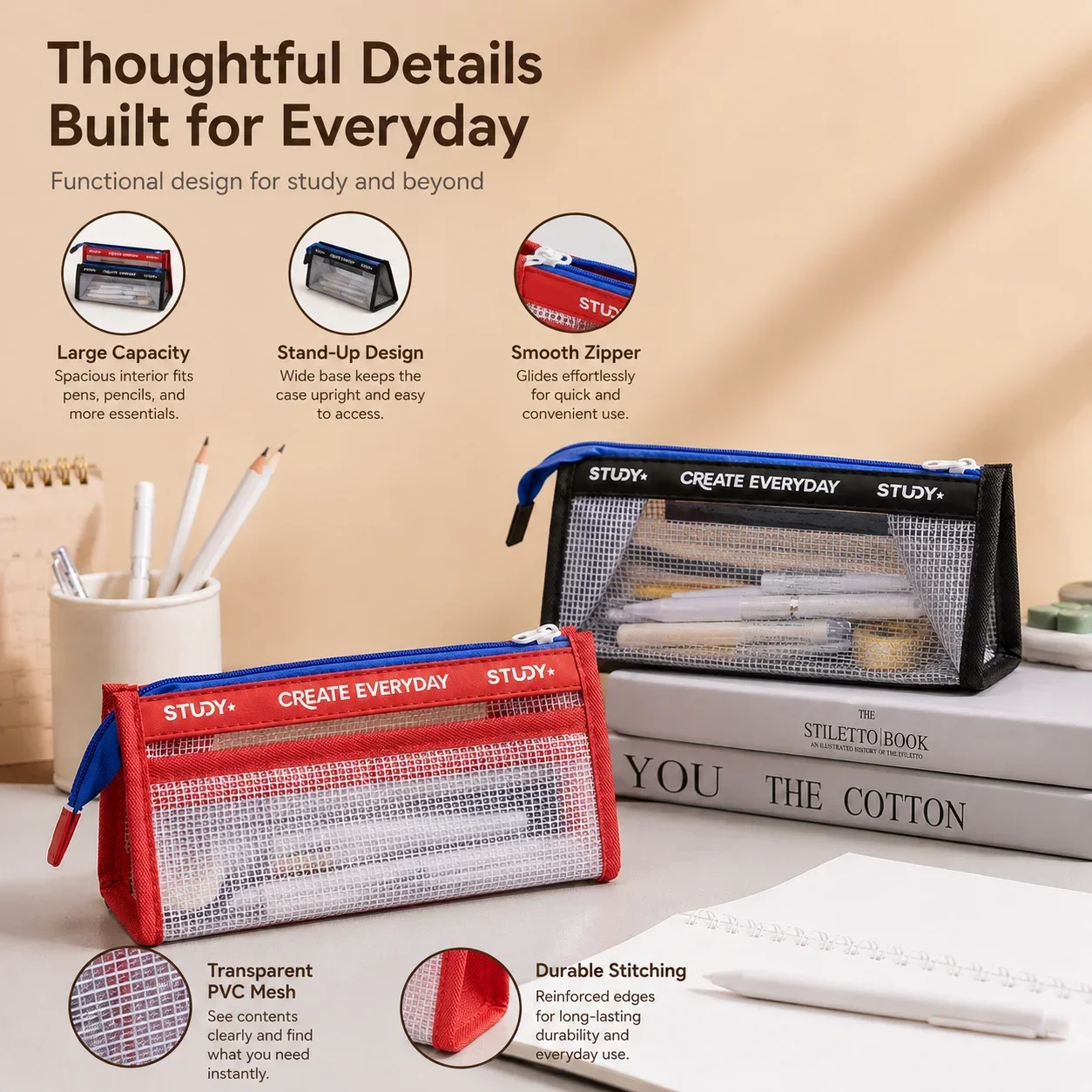 Aesthetic Large Pencil Case Pouch - Şeffaf Kalem Kutusu, Sınavlar için Geniş